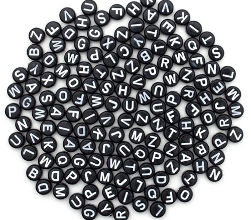 Alphabet Beads White with Black Letters, 10mm Round