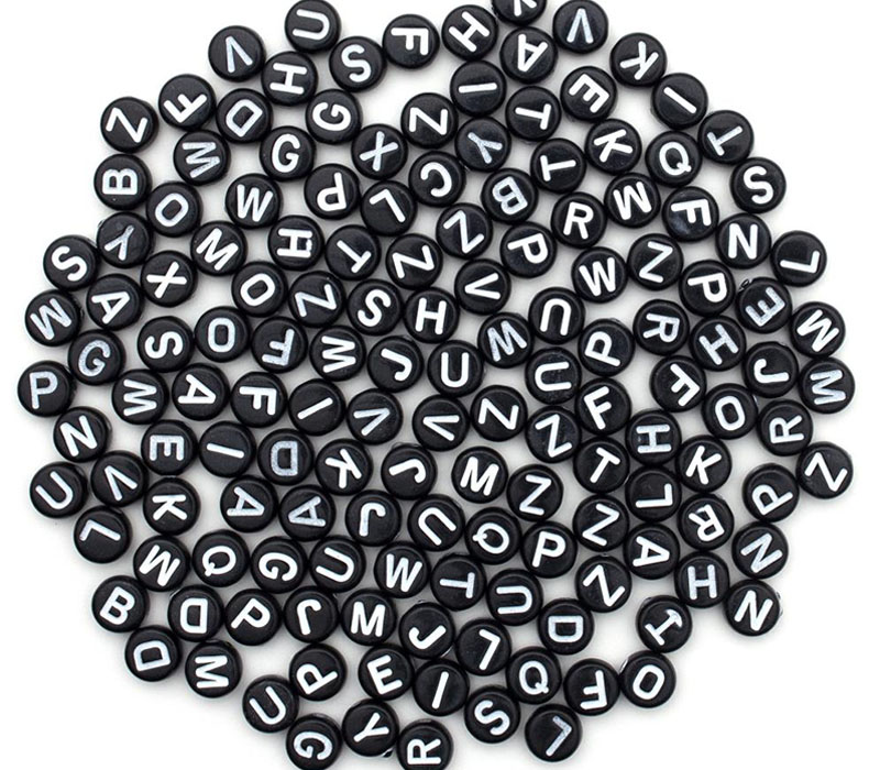 Alphabet Beads Black with White Letters, 7mm Round, 150 count