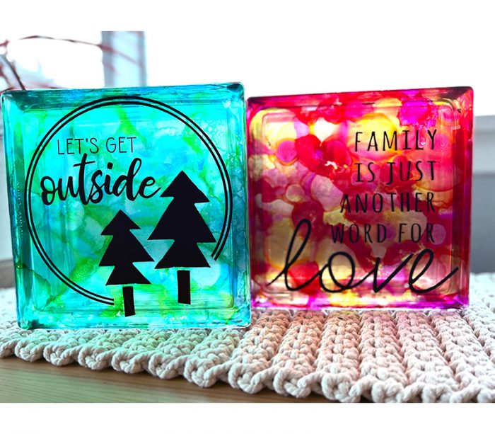 Glass Blocks decorated with alcohol ink and vinyl transfers