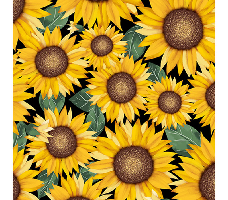 Sunflowers on Black Fabric By The Yard