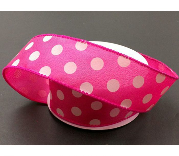 Ribbon - Hot Pink White Satin Polka Dots Wired Edge 1.5-inch