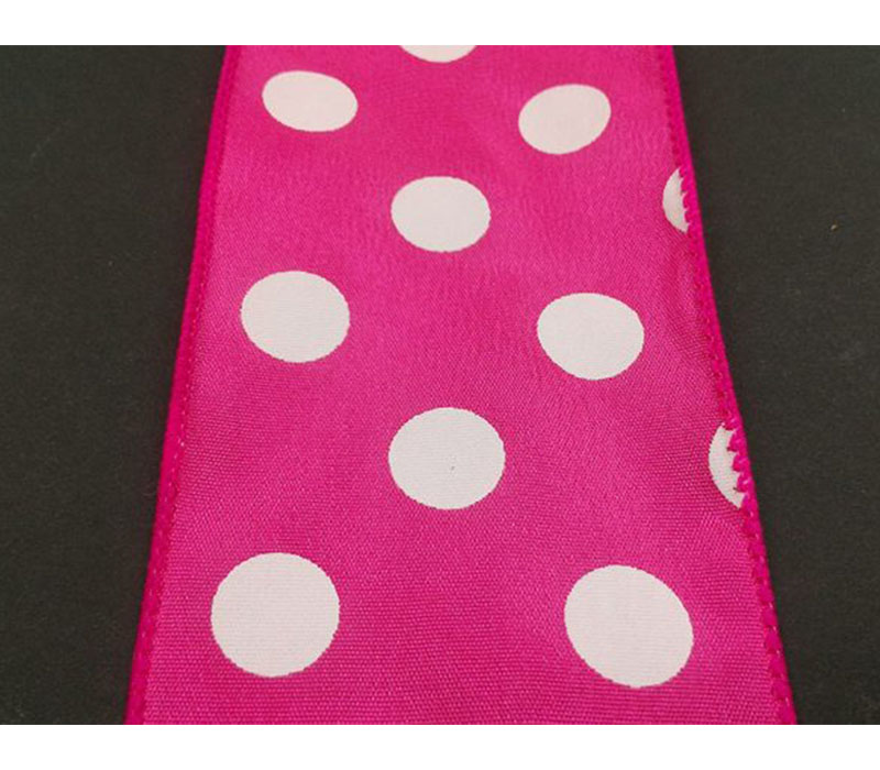 Ribbon - Hot Pink White Satin Polka Dots Wired Edge 2.5-inch