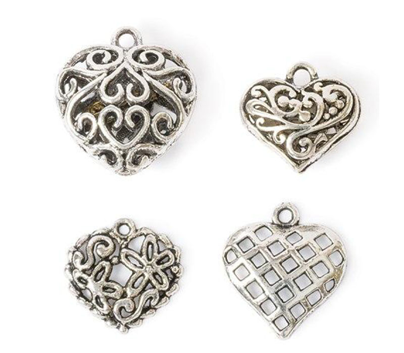Solid Oak Steam Punk Charms - Hearts - 4 Piece
