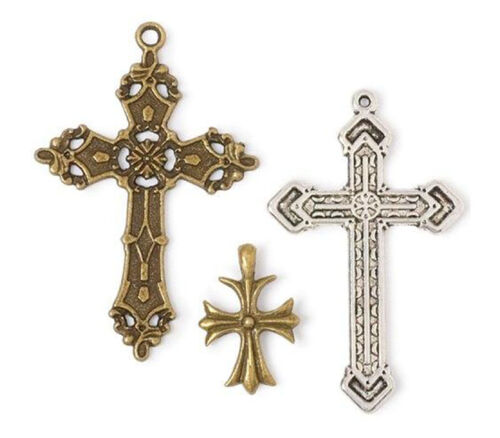 Solid Oak Steam Punk Charms - Cross - 3 Piece