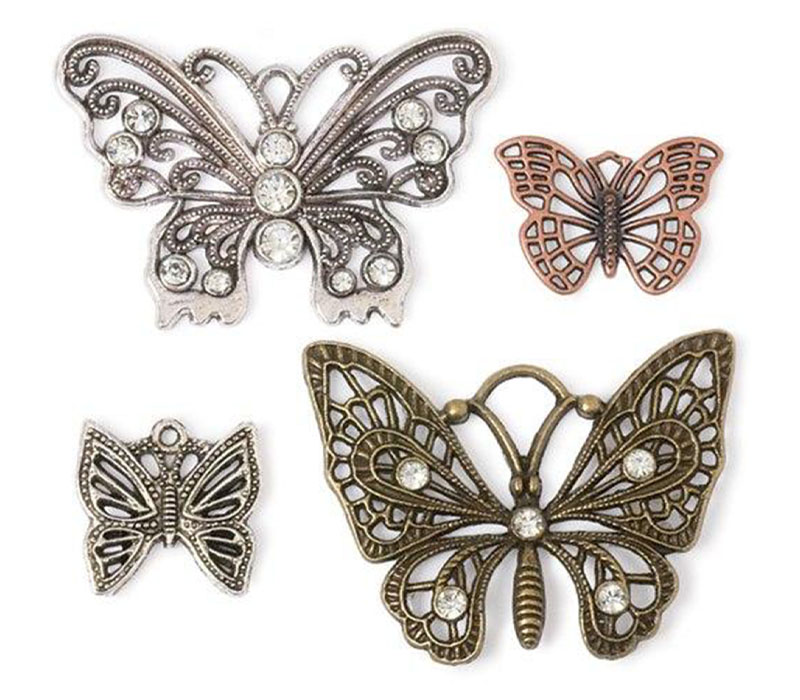 Solid Oak Steam Punk Charms - Butterfly - 4 Piece