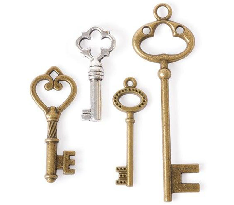 Solid Oak Steam Punk Charms - Large Key - 4 Piece