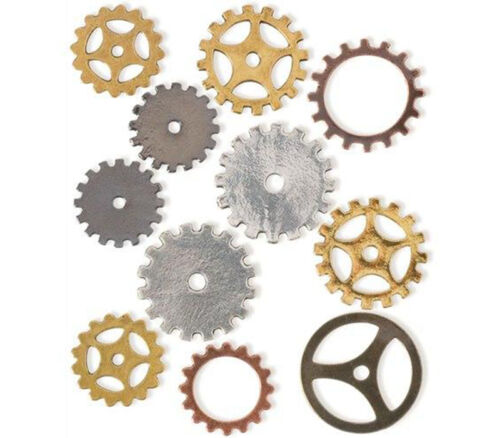 Solid Oak Steam Punk Charms - Small Gears - 11 Piece