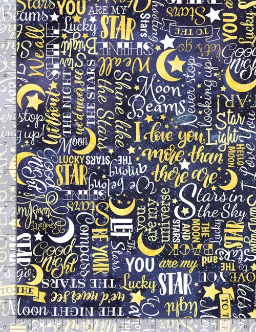 Timeless Treasures To the Moon and Back Stars and Words - Yellow On Blue Tonal