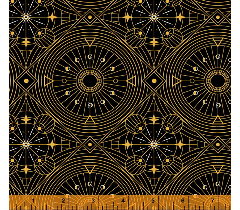 Fabric - Windham Orbit Celestial Grid on Black with Gold Metallic Highlights