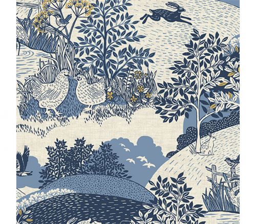 Hedgerow English Countryside Scenic in Blue on Cream