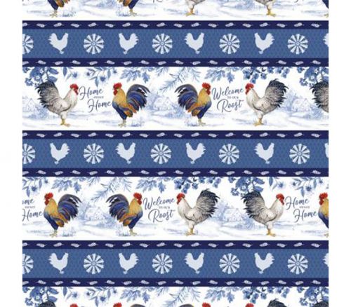 Home to Roost Rooster Novelty Stripe Blue and White