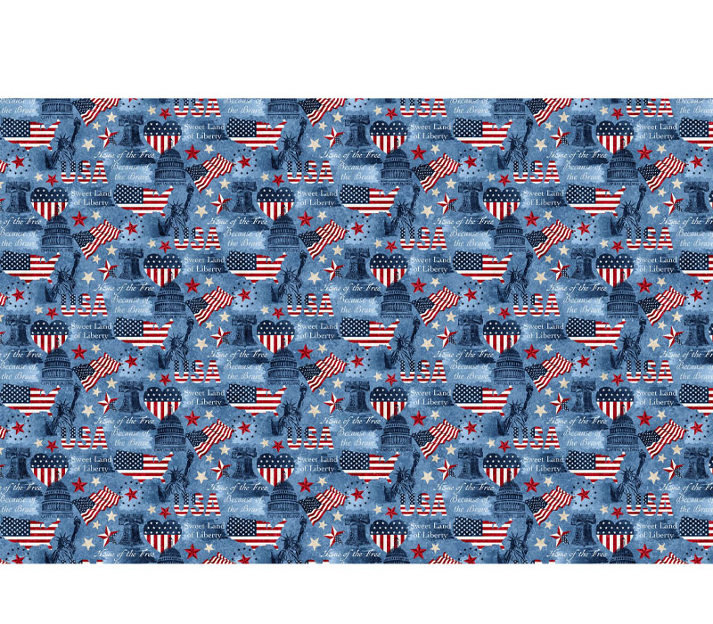 Stars and Stripes Quilts of Valor Liberty Bell and Maps Allover on Blue