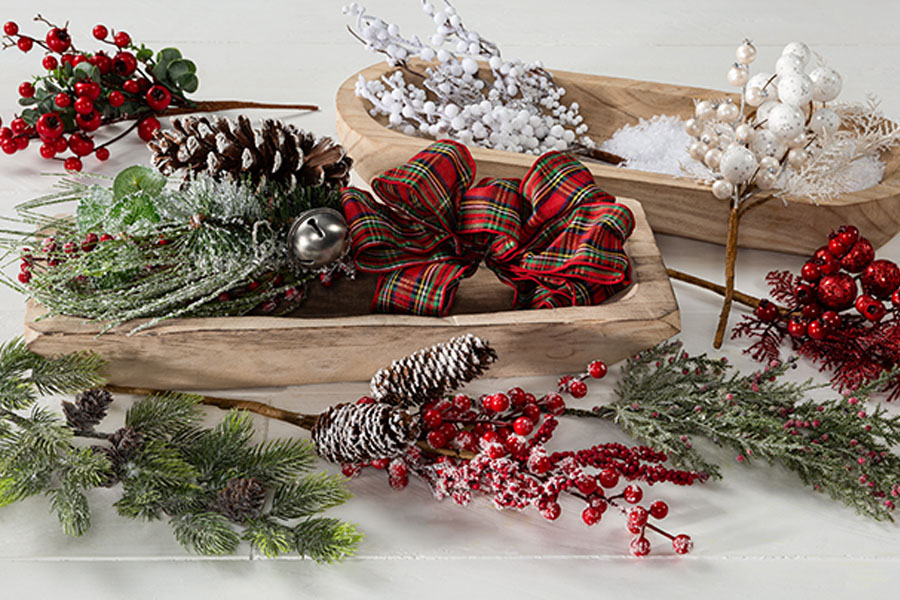 Holiday floral and ribbon in dough bowls