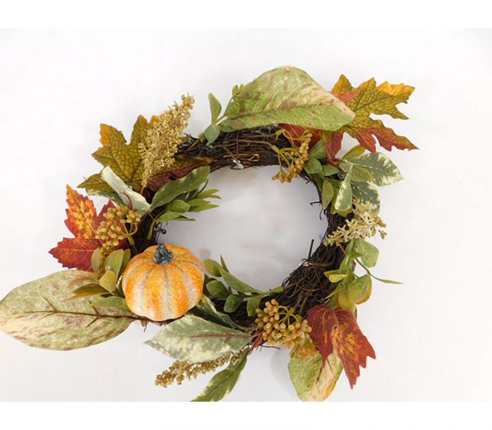 Wreath - Wheat Pumpkins and Leaves - 16-inch