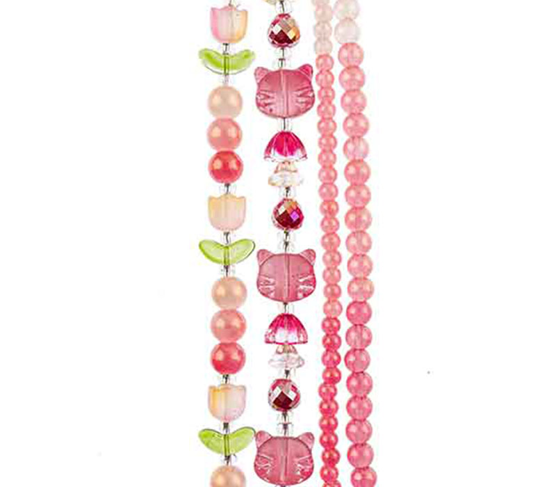 Crystal Lane DIY Flower 7-inch Bead Mix Bead Strands Tulip Pink Cat Head Red Round Bead Pink