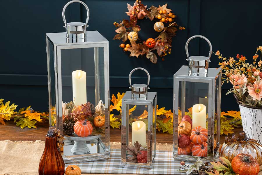 Stainless steel lanterns decorated for fall sale at Craft Warehouse