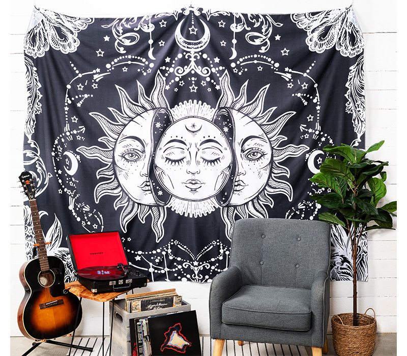 Black and White Sun Tapestry Wall Hanging