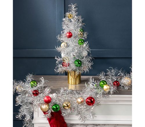 Tinsel Christmas Tree and Tinsel garland with ornaments