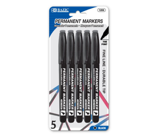 Bazic Permanent Marker - Black - Fine Tip - 5 Piece