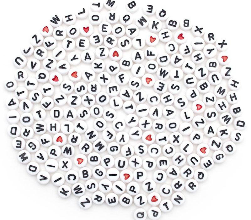 Alphabet Beads White with Black Letters and Red Hearts Mix