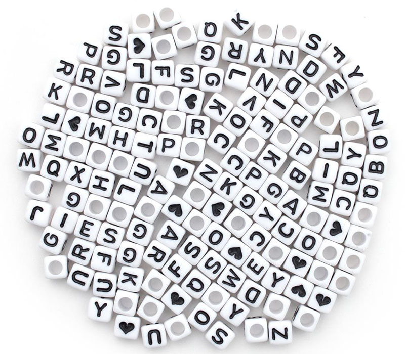 Alphabet Beads White with Black Letters and Hearts Mix