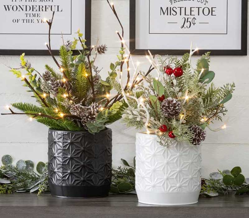 Black and White Metal Pots with Christmas Floral and lights inside