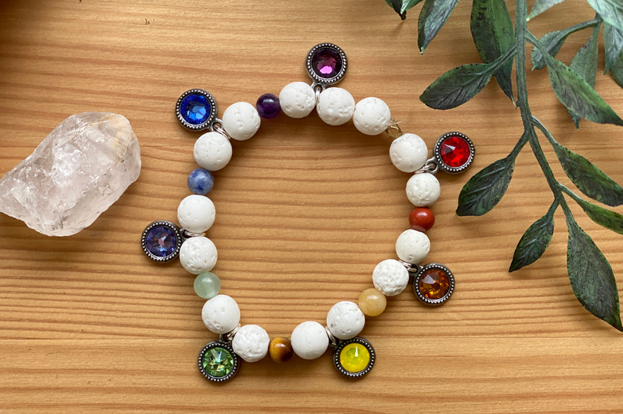 Chakra and White Lava Bead Necklace