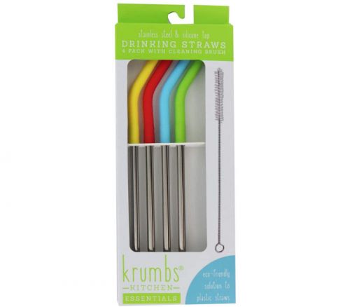 Krumbs Kitchen 4 Pack Reusable Stainless Steel Straws with Silicone Tips W/Cleaning Brush