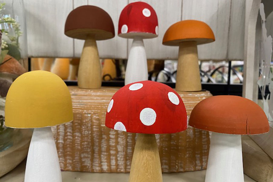 Painted wooden mushroom store event.