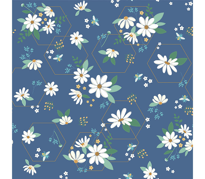 Daisy Fields by Bev McCullough Main Floral in Denim with Gold Metallic Accents.
