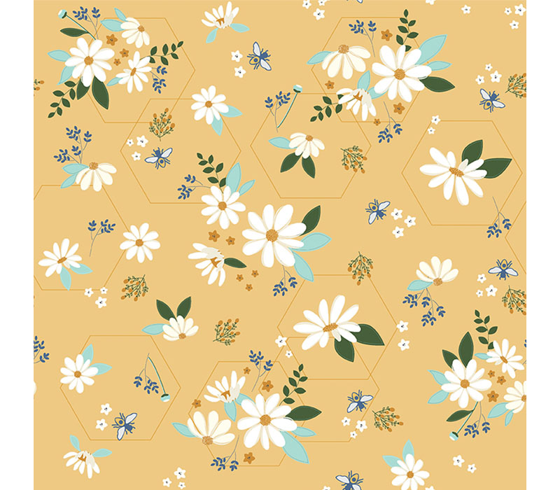 Daisy Fields by Bev McCullough Main Floral in Honey with Gold Metallic Accents.