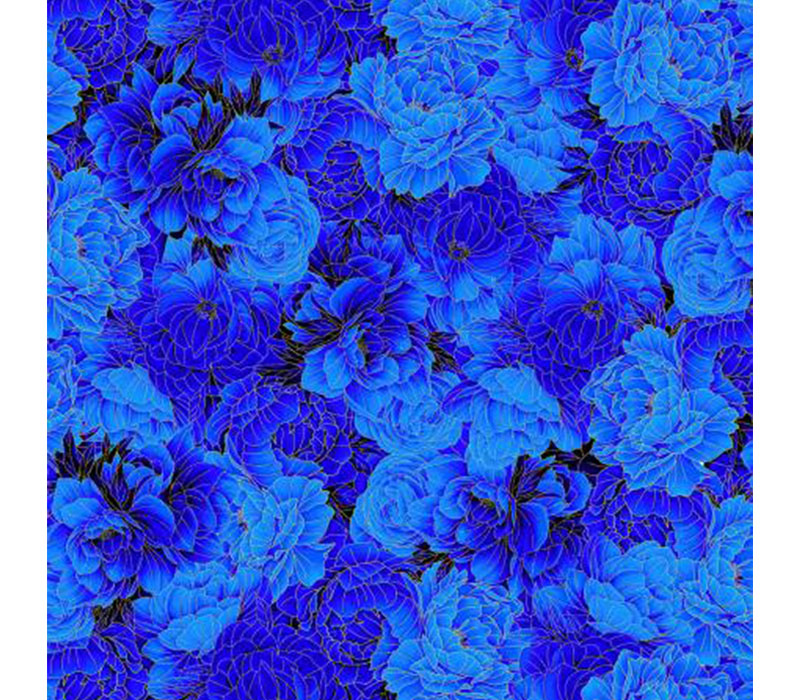 Royal Plume Packed Flowers on Blue with gold metallic highlights