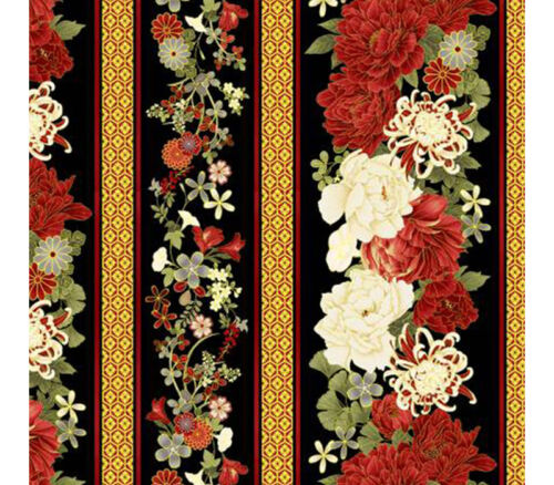 Kyoto Gardens Large Floral Border Stripe with Gold Metallic Highlights