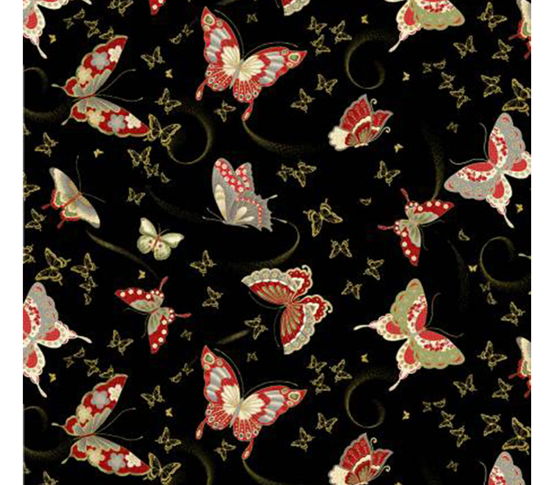 Kyoto Gardens Butterflies on Black with Gold Metallic Highlights