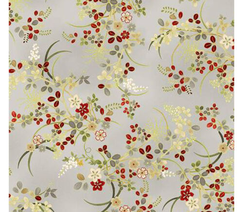 Kyoto Gardens Delicate Florals on Silver with Gold Metallic Highlights