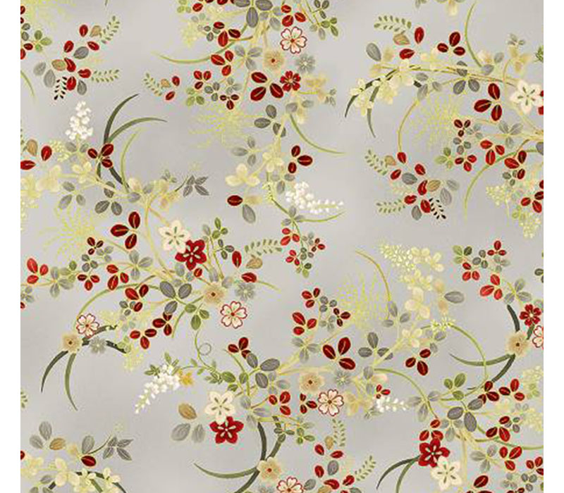Kyoto Gardens Delicate Florals on Silver with Gold Metallic Highlights