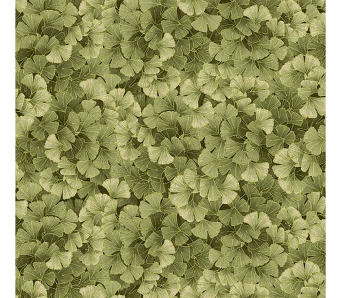 Kyoto Gardens Gingko Leaves in Green with Gold Metallic Highlights
