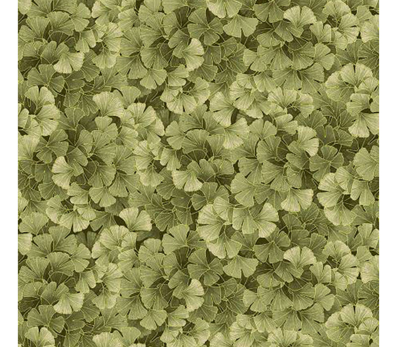 Kyoto Gardens Gingko Leaves in Green with Gold Metallic Highlights