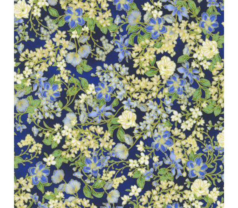 Aurelia Small Florals on Blueberry with Gold Metallic Highlights