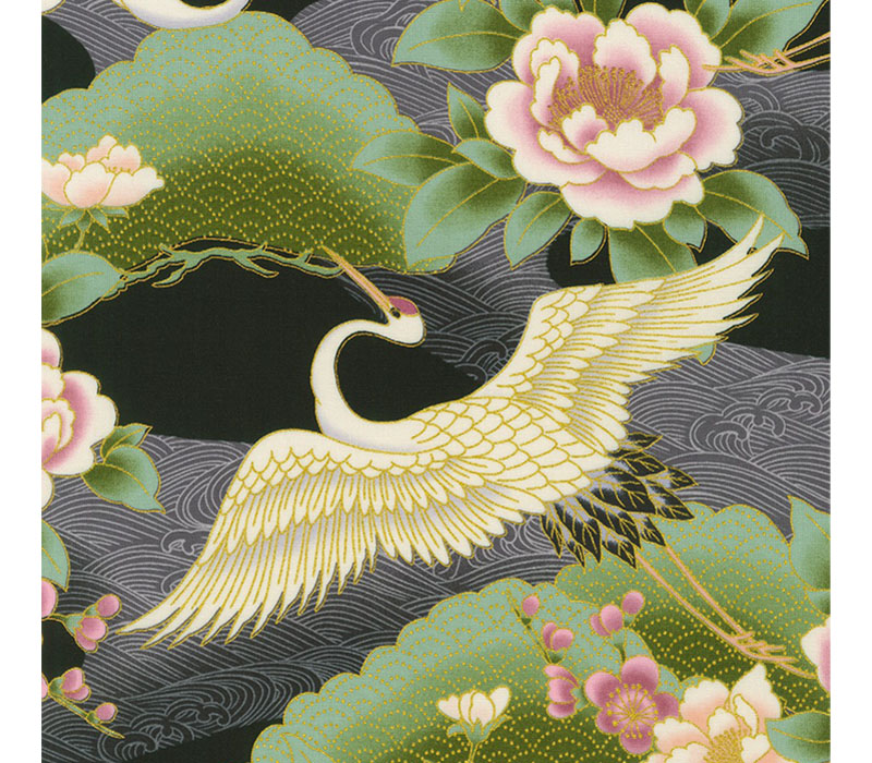 Imperial Collection: Honoka Cranes on Black with Gold Metallic Highlights