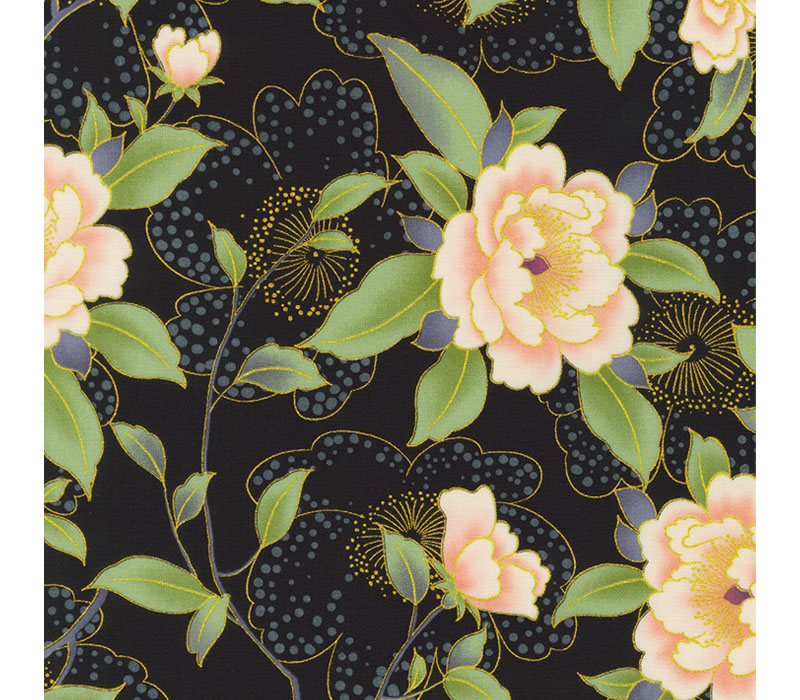 Imperial Collection: Honoka Large Floral on Black with Gold Metallic Highlights