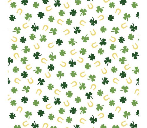 Kimberbell Celebrations Tossed Shamrocks and Horseshoes on White with Gold Metallic Highlights