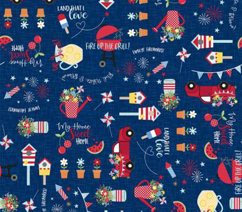 Fabric - Kimberbell Red White and Bloom Picnic Allover on Navy