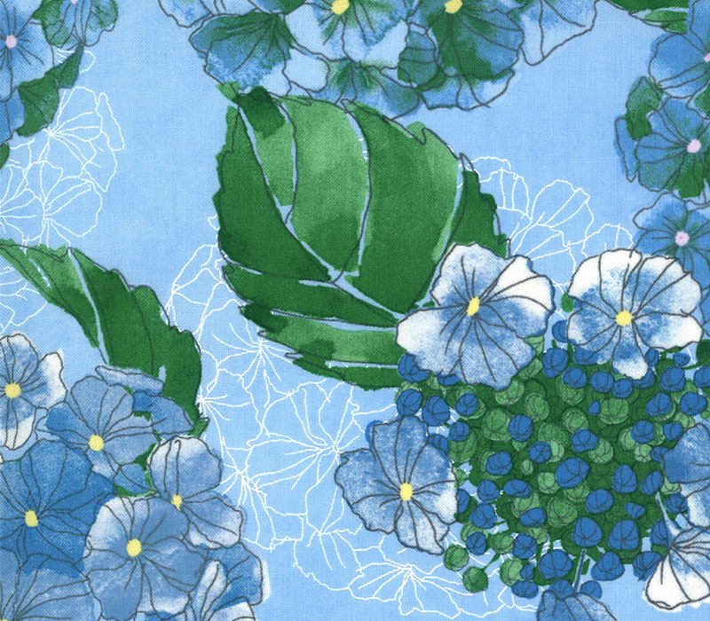 Fabric - Cottage Bleu Large Hydrangeas on Mist Blue