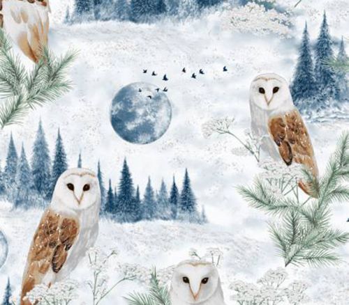 Fabric - Perch Owl Scenic in Dusty Blue with Silver Metallic Accents