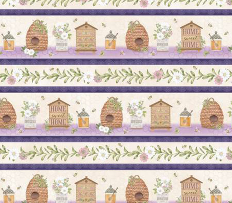 Fabric - Art of Beekeeping Hives and Skeps Novelty Stripe on Cream