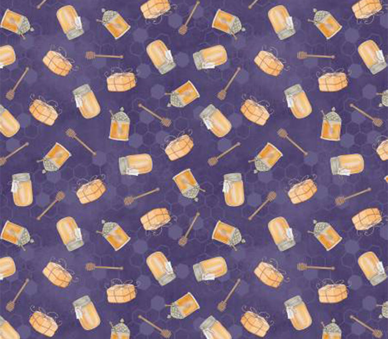 Fabric - Art of Beekeeping Honey Jars Tossed on Purple