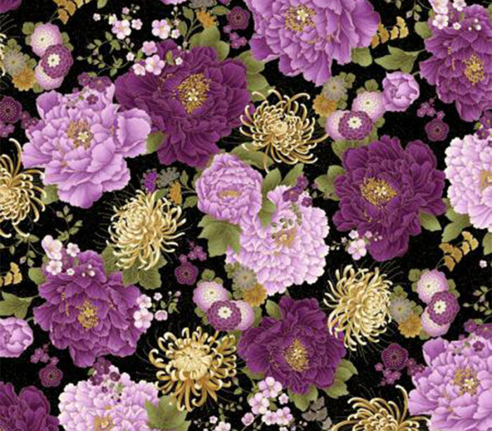 Fabric - Majestic Japanese Large Floral Allover on Black with Gold Metallic Highlights