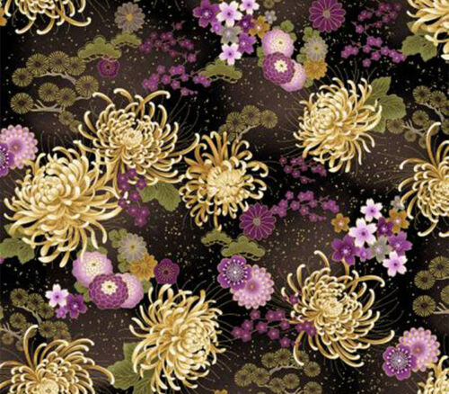 Fabric - Majestic Japanese Medium Floral Allover on Black with Gold Metallic Highlights