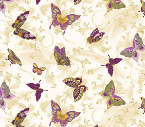 Fabric - Majestic Japanese Butterfly Allover on Cream with Gold Metallic Highlights